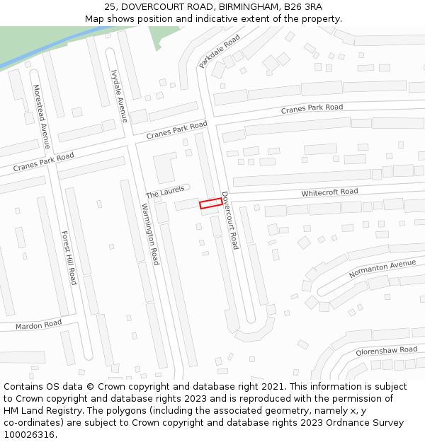 25, DOVERCOURT ROAD, BIRMINGHAM, B26 3RA: Location map and indicative extent of plot