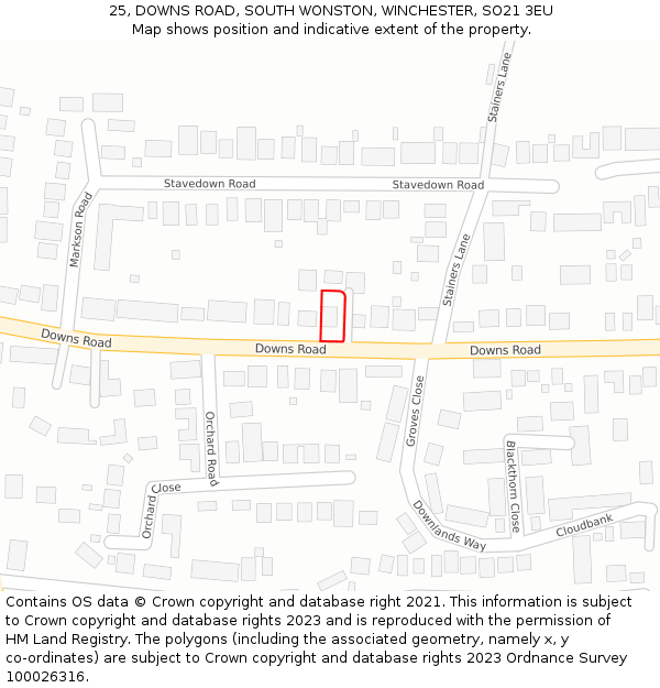 25, DOWNS ROAD, SOUTH WONSTON, WINCHESTER, SO21 3EU: Location map and indicative extent of plot