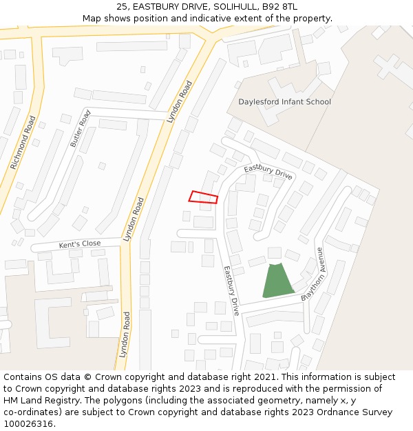 25, EASTBURY DRIVE, SOLIHULL, B92 8TL: Location map and indicative extent of plot