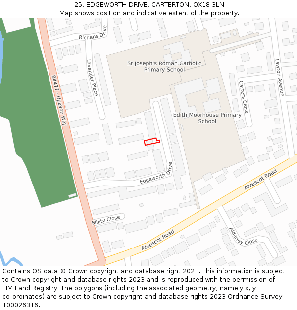 25, EDGEWORTH DRIVE, CARTERTON, OX18 3LN: Location map and indicative extent of plot