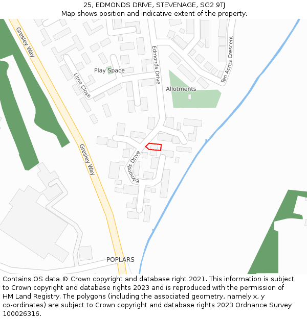 25, EDMONDS DRIVE, STEVENAGE, SG2 9TJ: Location map and indicative extent of plot