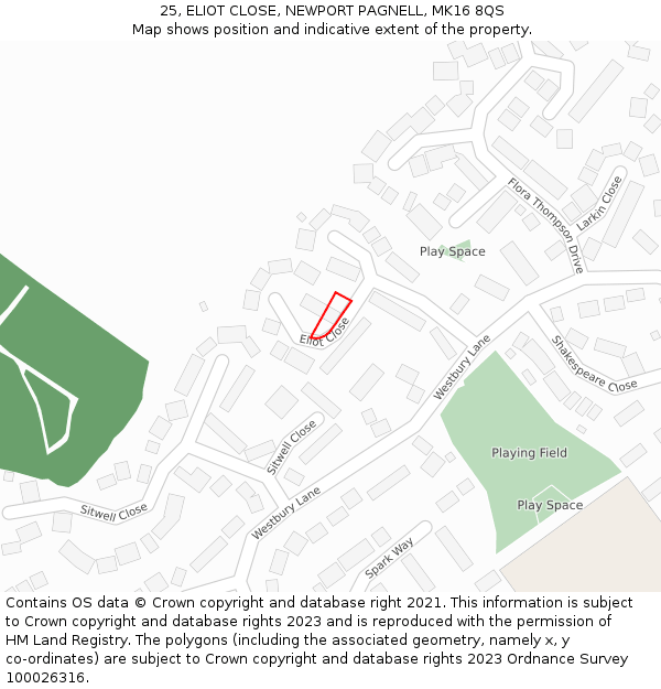 25, ELIOT CLOSE, NEWPORT PAGNELL, MK16 8QS: Location map and indicative extent of plot