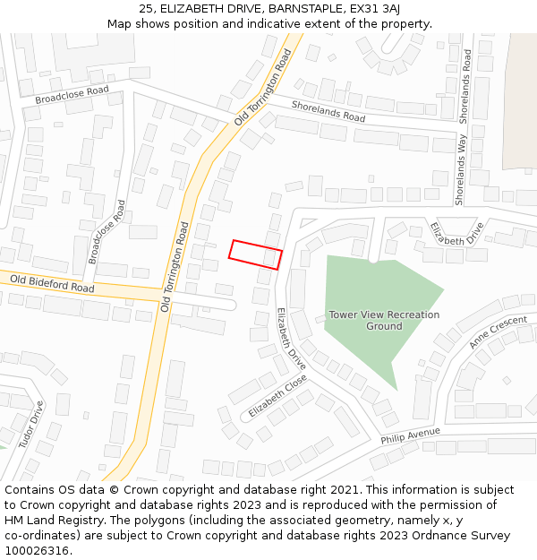 25, ELIZABETH DRIVE, BARNSTAPLE, EX31 3AJ: Location map and indicative extent of plot