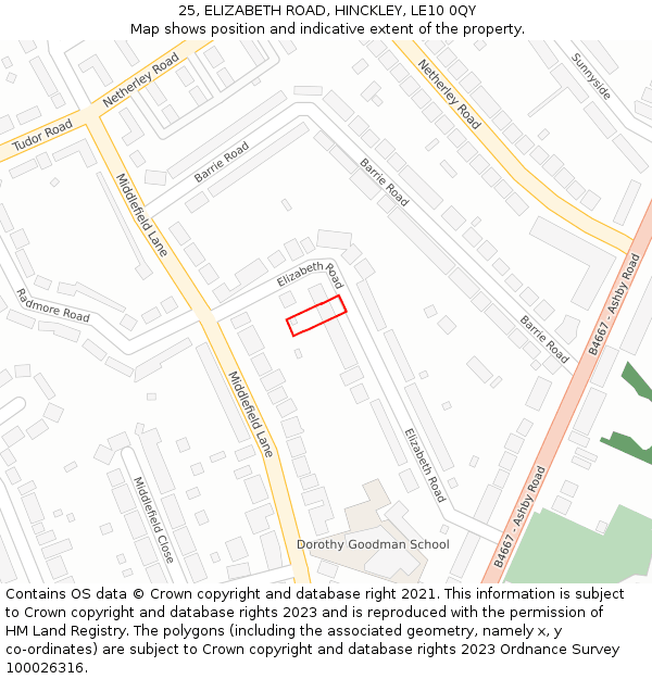 25, ELIZABETH ROAD, HINCKLEY, LE10 0QY: Location map and indicative extent of plot