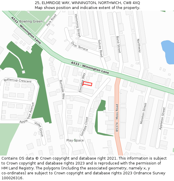 25, ELMRIDGE WAY, WINNINGTON, NORTHWICH, CW8 4XQ: Location map and indicative extent of plot