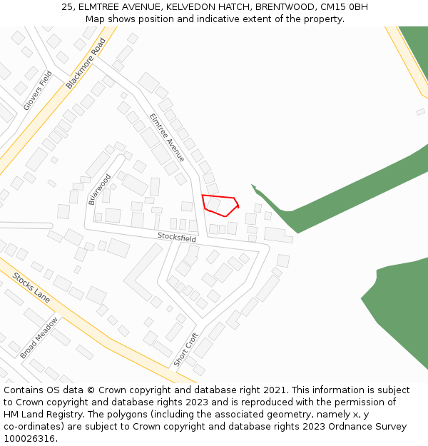 25, ELMTREE AVENUE, KELVEDON HATCH, BRENTWOOD, CM15 0BH: Location map and indicative extent of plot