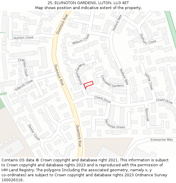 25, ELVINGTON GARDENS, LUTON, LU3 4ET: Location map and indicative extent of plot