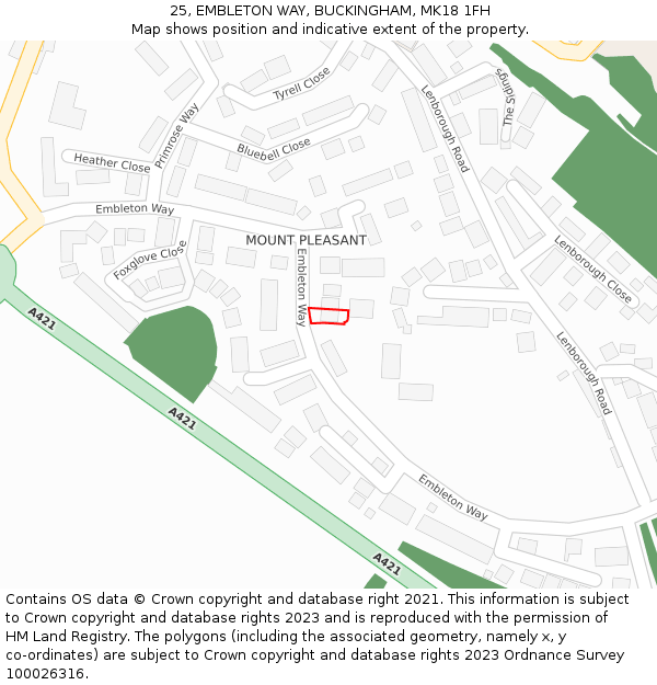 25, EMBLETON WAY, BUCKINGHAM, MK18 1FH: Location map and indicative extent of plot