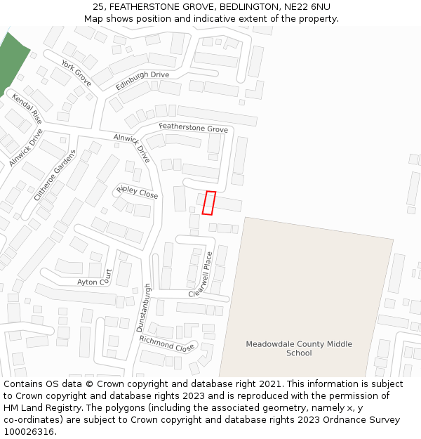 25, FEATHERSTONE GROVE, BEDLINGTON, NE22 6NU: Location map and indicative extent of plot