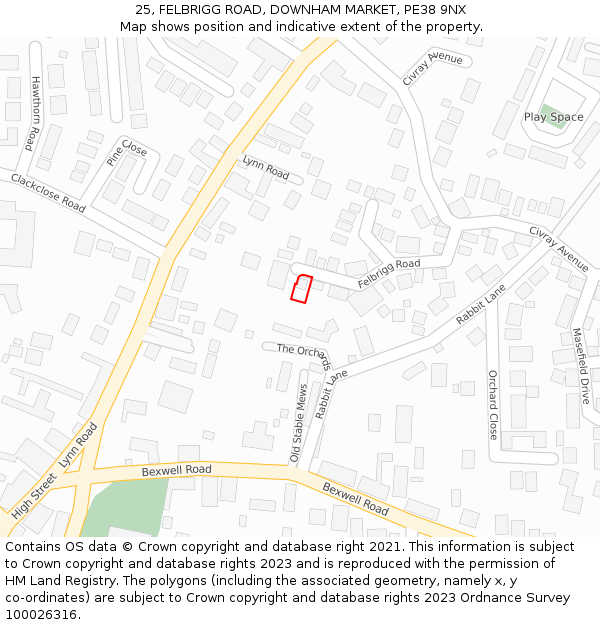 25, FELBRIGG ROAD, DOWNHAM MARKET, PE38 9NX: Location map and indicative extent of plot