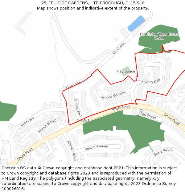 25, FELLSIDE GARDENS, LITTLEBOROUGH, OL15 9LX: Location map and indicative extent of plot