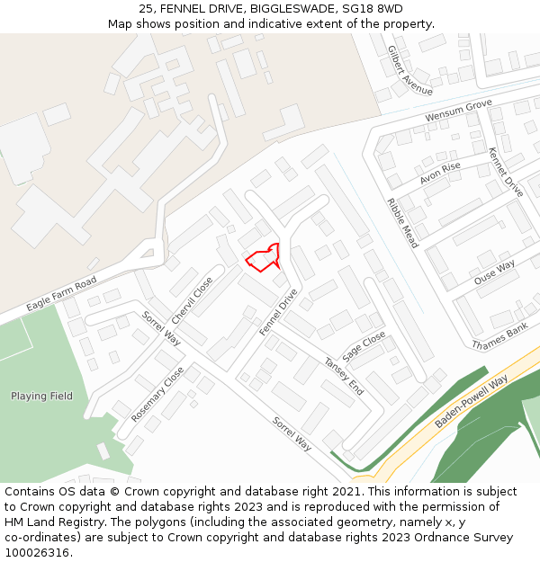 25, FENNEL DRIVE, BIGGLESWADE, SG18 8WD: Location map and indicative extent of plot