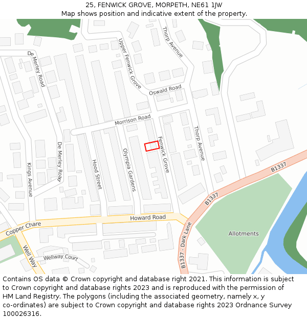 25, FENWICK GROVE, MORPETH, NE61 1JW: Location map and indicative extent of plot