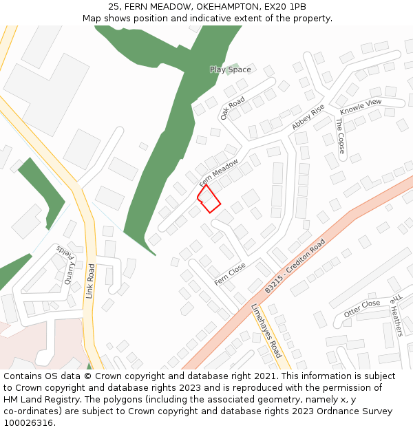25, FERN MEADOW, OKEHAMPTON, EX20 1PB: Location map and indicative extent of plot