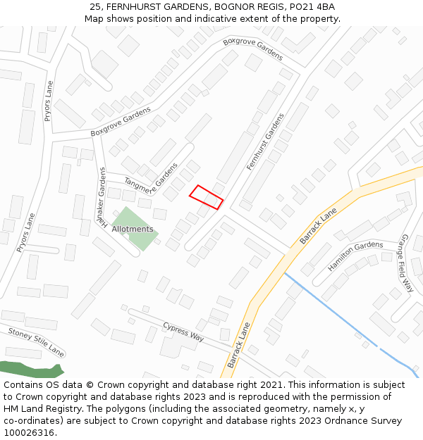 25, FERNHURST GARDENS, BOGNOR REGIS, PO21 4BA: Location map and indicative extent of plot