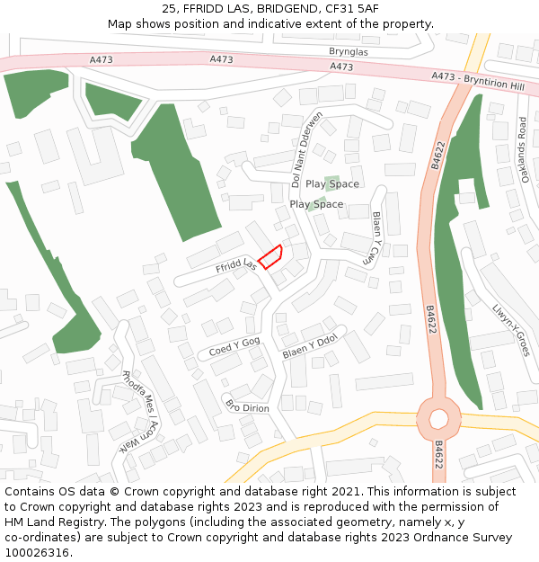 25, FFRIDD LAS, BRIDGEND, CF31 5AF: Location map and indicative extent of plot