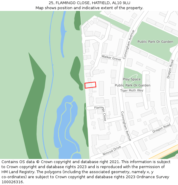 25, FLAMINGO CLOSE, HATFIELD, AL10 9LU: Location map and indicative extent of plot