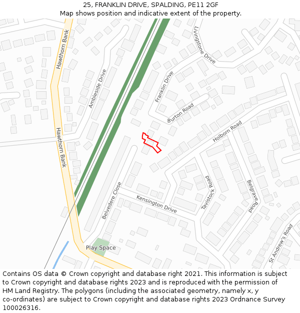 25, FRANKLIN DRIVE, SPALDING, PE11 2GF: Location map and indicative extent of plot