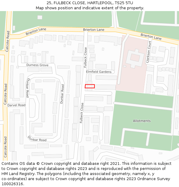 25, FULBECK CLOSE, HARTLEPOOL, TS25 5TU: Location map and indicative extent of plot