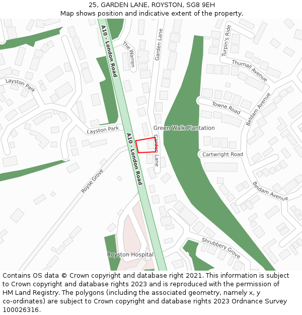 25, GARDEN LANE, ROYSTON, SG8 9EH: Location map and indicative extent of plot