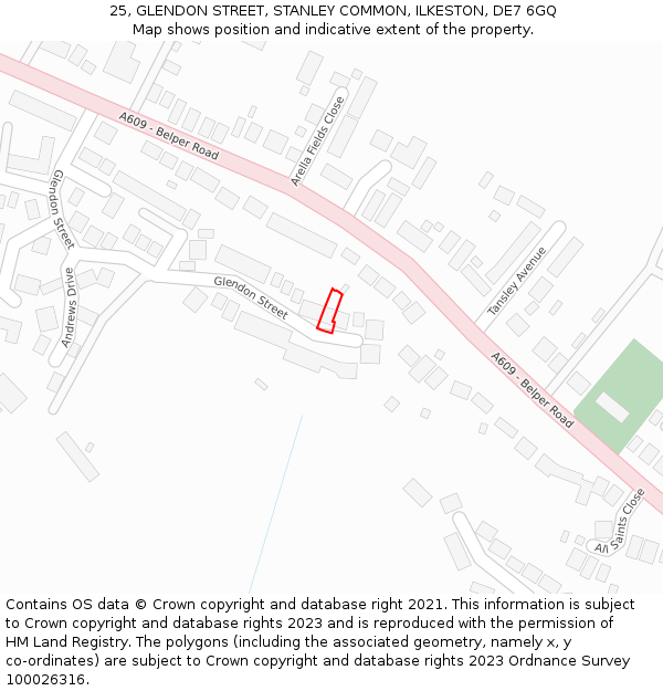 25, GLENDON STREET, STANLEY COMMON, ILKESTON, DE7 6GQ: Location map and indicative extent of plot