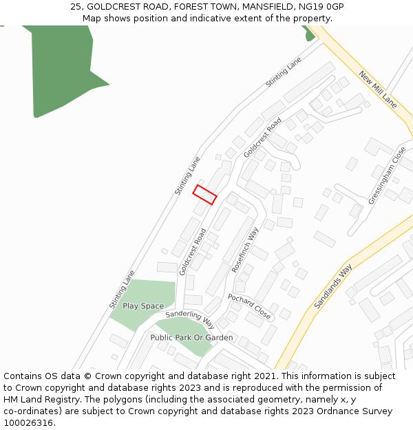 25, GOLDCREST ROAD, FOREST TOWN, MANSFIELD, NG19 0GP: Location map and indicative extent of plot