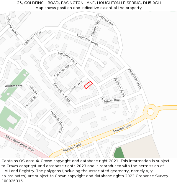 25, GOLDFINCH ROAD, EASINGTON LANE, HOUGHTON LE SPRING, DH5 0GH: Location map and indicative extent of plot