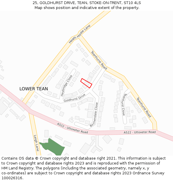 25, GOLDHURST DRIVE, TEAN, STOKE-ON-TRENT, ST10 4LS: Location map and indicative extent of plot