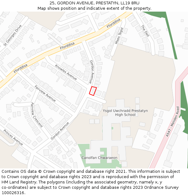 25, GORDON AVENUE, PRESTATYN, LL19 8RU: Location map and indicative extent of plot