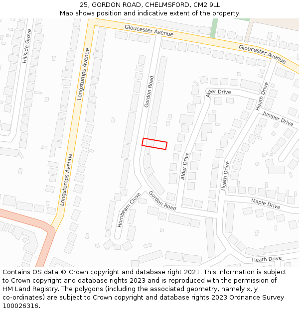 25, GORDON ROAD, CHELMSFORD, CM2 9LL: Location map and indicative extent of plot