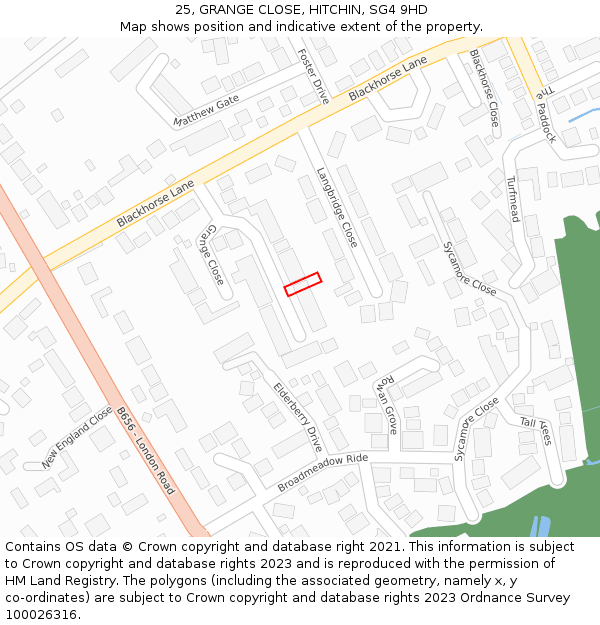 25, GRANGE CLOSE, HITCHIN, SG4 9HD: Location map and indicative extent of plot