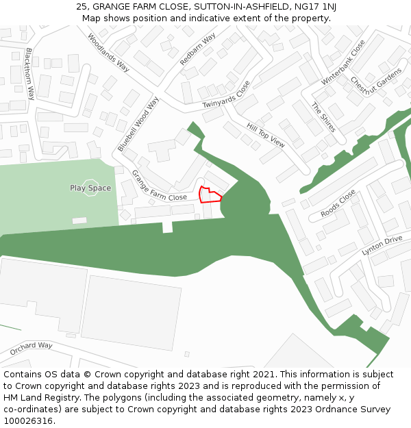 25, GRANGE FARM CLOSE, SUTTON-IN-ASHFIELD, NG17 1NJ: Location map and indicative extent of plot