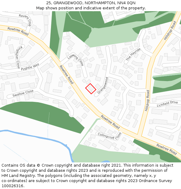 25, GRANGEWOOD, NORTHAMPTON, NN4 0QN: Location map and indicative extent of plot