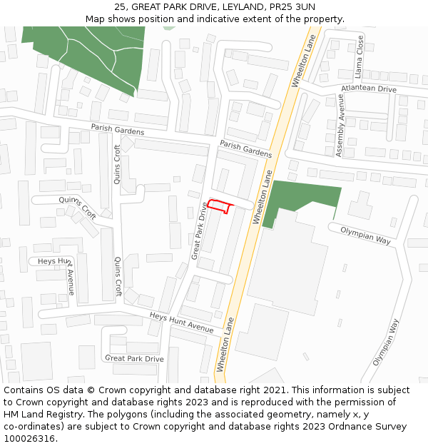 25, GREAT PARK DRIVE, LEYLAND, PR25 3UN: Location map and indicative extent of plot