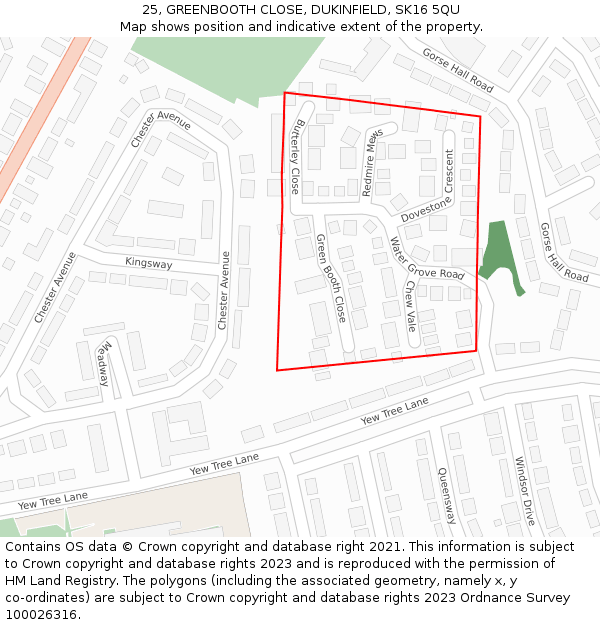 25, GREENBOOTH CLOSE, DUKINFIELD, SK16 5QU: Location map and indicative extent of plot