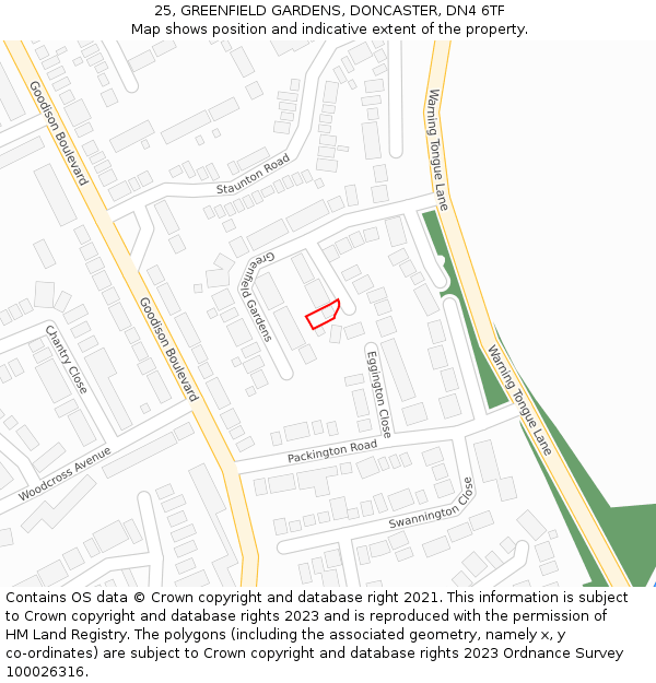 25, GREENFIELD GARDENS, DONCASTER, DN4 6TF: Location map and indicative extent of plot