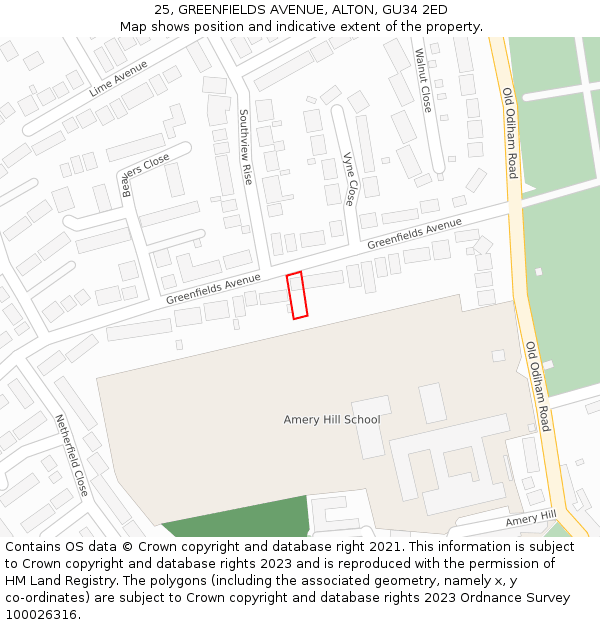 25, GREENFIELDS AVENUE, ALTON, GU34 2ED: Location map and indicative extent of plot