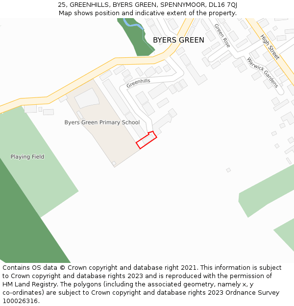25, GREENHILLS, BYERS GREEN, SPENNYMOOR, DL16 7QJ: Location map and indicative extent of plot