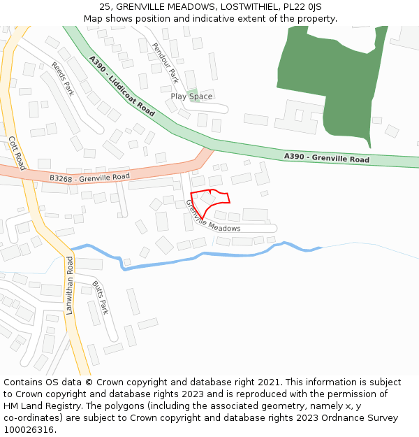 25, GRENVILLE MEADOWS, LOSTWITHIEL, PL22 0JS: Location map and indicative extent of plot