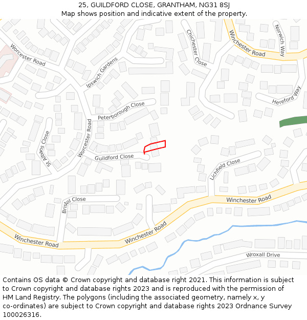 25, GUILDFORD CLOSE, GRANTHAM, NG31 8SJ: Location map and indicative extent of plot