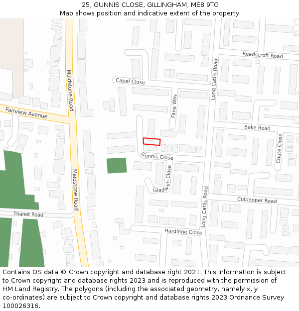 25, GUNNIS CLOSE, GILLINGHAM, ME8 9TG: Location map and indicative extent of plot