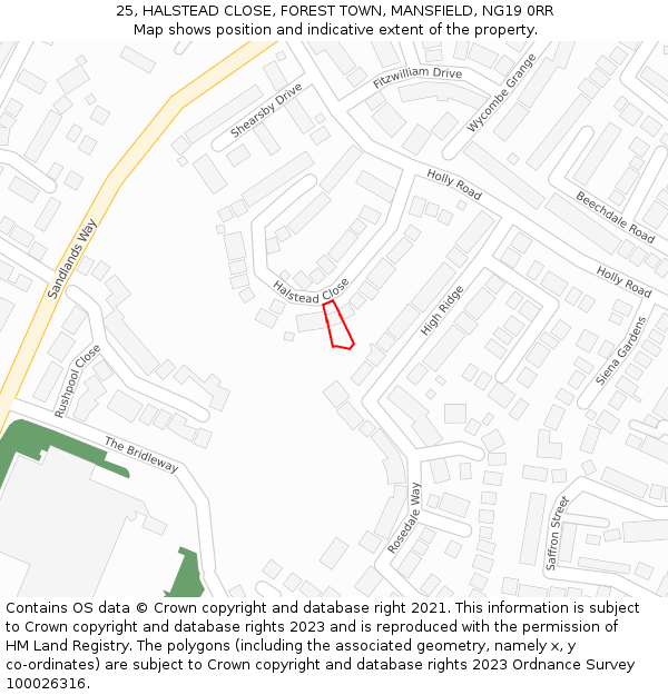 25, HALSTEAD CLOSE, FOREST TOWN, MANSFIELD, NG19 0RR: Location map and indicative extent of plot