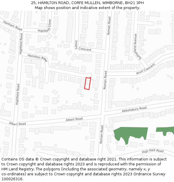 25, HAMILTON ROAD, CORFE MULLEN, WIMBORNE, BH21 3PH: Location map and indicative extent of plot