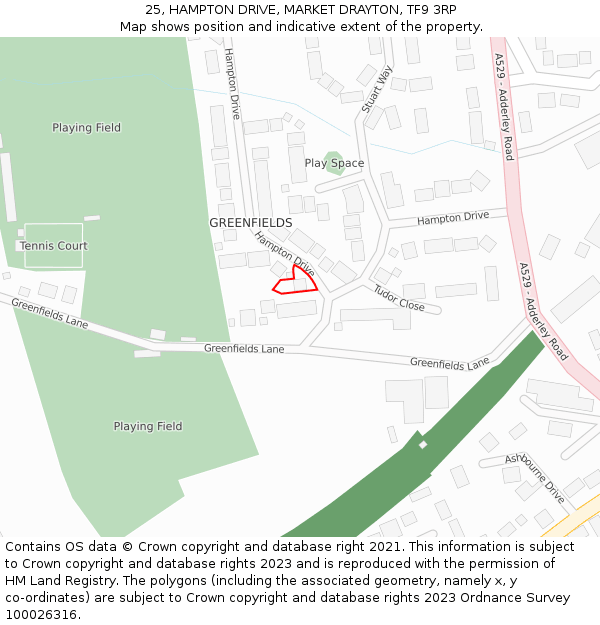 25, HAMPTON DRIVE, MARKET DRAYTON, TF9 3RP: Location map and indicative extent of plot