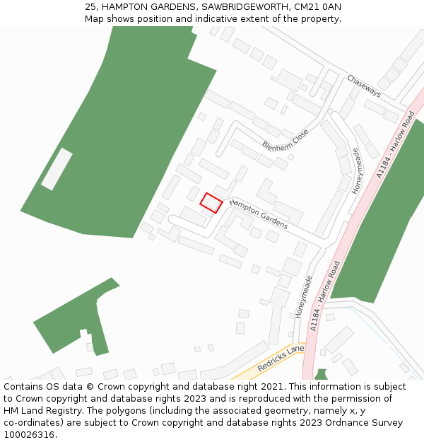 25, HAMPTON GARDENS, SAWBRIDGEWORTH, CM21 0AN: Location map and indicative extent of plot