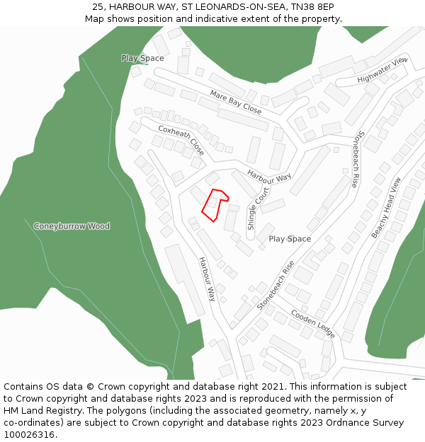 25, HARBOUR WAY, ST LEONARDS-ON-SEA, TN38 8EP: Location map and indicative extent of plot