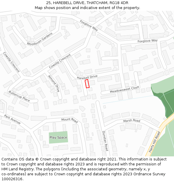 25, HAREBELL DRIVE, THATCHAM, RG18 4DR: Location map and indicative extent of plot