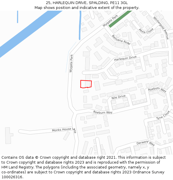 25, HARLEQUIN DRIVE, SPALDING, PE11 3GL: Location map and indicative extent of plot