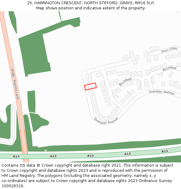 25, HARRINGTON CRESCENT, NORTH STIFFORD, GRAYS, RM16 5UY: Location map and indicative extent of plot