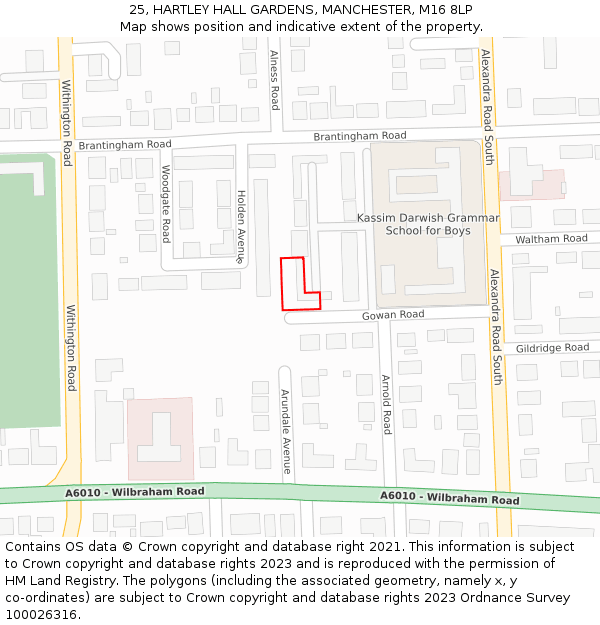 25, HARTLEY HALL GARDENS, MANCHESTER, M16 8LP: Location map and indicative extent of plot